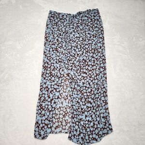 Zara Women's Long Skirt Size Medium‎ Blue Brown Floral Print Zip up Front Split